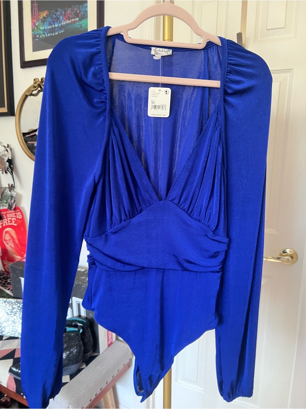 Intimately by Free People Royal Blue Women’s Long-Sleeve V-Neck Bodysuit Med